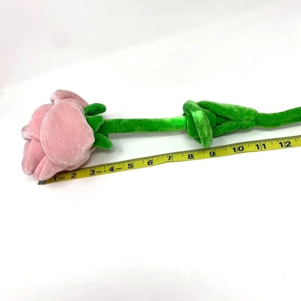 Velour Plush Pink Long Stem Rose Decor Valentines Gift Toy Pretend Play